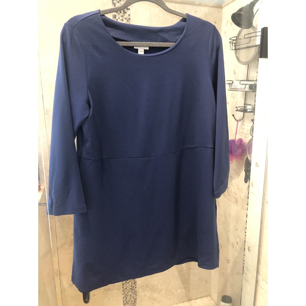 J Jill Ponte Tunic Top Blue Boat Neck 3/4 Sleeve Curved Hem Women's Small S